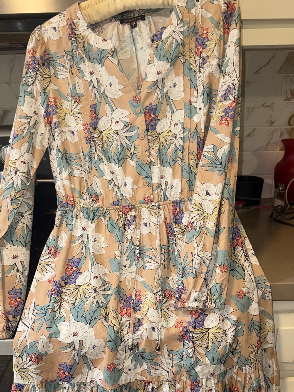 Skies Are Blue Beige Floral Tiered Long-Sleeve Dress